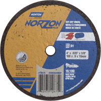 Norton 66243510675 Portable Small Diameter Reinforced Cut-Off Wheels - Norzon Plus, 4" x 0.035", 3/8" Arbor, Type 1, Ceramic/Zirconium, 19100 RPM
