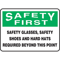 Accuform NMC MPPE917VA Enseigne  Safety Glasses, Safety Shoes, & Hard Hats Required , 7" x 10", Aluminium, Anglais