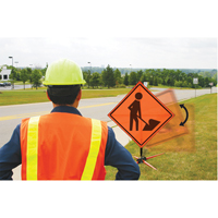 Accuform NMC FRC307FL Tilt-Adjust Men at Work Roll-Up Construction Sign, 36" x 36", Vinyl, Pictogram