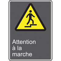 Accuform NMC MCSA638VS Attention &agrave; la marche CSA Standard Safety Sign, 14" x 10", Vinyl, French with Pictogram