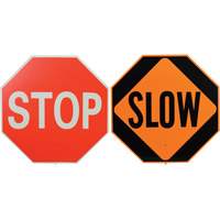 Double-Sided "Stop/Slow" Traffic Control Sign, 18" x 18", Plastic, English with Pictogram  SEJ662 | TENAQUIP