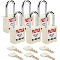 Brady SDPL-WHT-38ST-KD6 Velocity Safety Lockout Padlocks, White, Keyed Different, Nylon, 1-1/2" Width