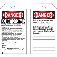Brady 65524 &eacute;tiquettes de verrouillage, Plastique, 3" la x 5-1/2" h, Anglais
