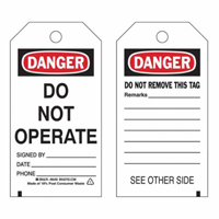 Brady 86458 Self-Laminating "Do Not Operate" Tags, Polyester, 3" W x 5-3/4" H, English