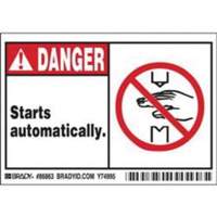 Brady 86863 "Danger Starts Automatically" Sign, 3-1/2" x 5", Polyester, English with Pictogram