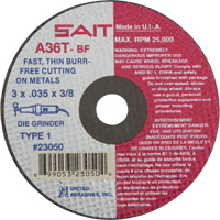 United Abrasives Inc. 23050 Meule &agrave; tronçonner (A36T), 3" x 0,035", Arbre de 3/8", Type 27, Oxyde d'aluminium, 25000 Tr/min