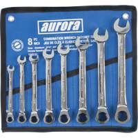 Outils Aurora TEQ832 Jeu de cl&eacute;s &agrave; cliquet &agrave; t&ecirc;te fixe, Combinaison, 8 morceaux, Imp&eacute;rial