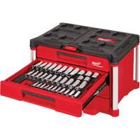 Milwaukee 48-22-9491 242-Piece 1/4”, 3/8” & 1/2” Drive Metric & SAE Ratchet & Socket Set with PACKOUT 4-Drawer Tool Box, 16-3/10" x 22-1/5" x 14-3/10", Black/Red