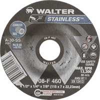 Walter Technologies Pour Surface 08F460 Meules &agrave; moyeu d&eacute;port&eacute; en acier inoxydable, 4-1/2" x 1/4", Arbre 7/8", Type 27