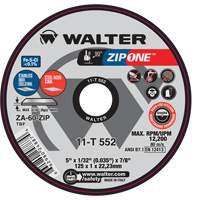 Walter Technologies Pour Surface 11T552 Meule &agrave; tronçonner Zip One, 5" x 1/32", Arbre de 7/8", Type 1, Alumine de zirconium, 12 200 Tr/min