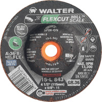 Walter Surface Technologies 15L843 FLEXCUT MILL SCALE Grinding Wheel, 4-1/2", 36 Grit, Aluminum Oxide, 5/8"-11, 13300 RPM, Type 29