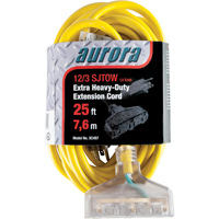 Aurora Tools XC497 Vinyl Extension Cord with Light Indicator, Outdoor, SJTOW, 12/3 AWG, 15 A, 3 Outlet(s), 25'