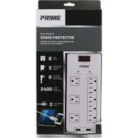 Prime PB523120 USB Charging Surge Protectors, 8 Outlets, 2400 J, 1875 W, 6' Cord