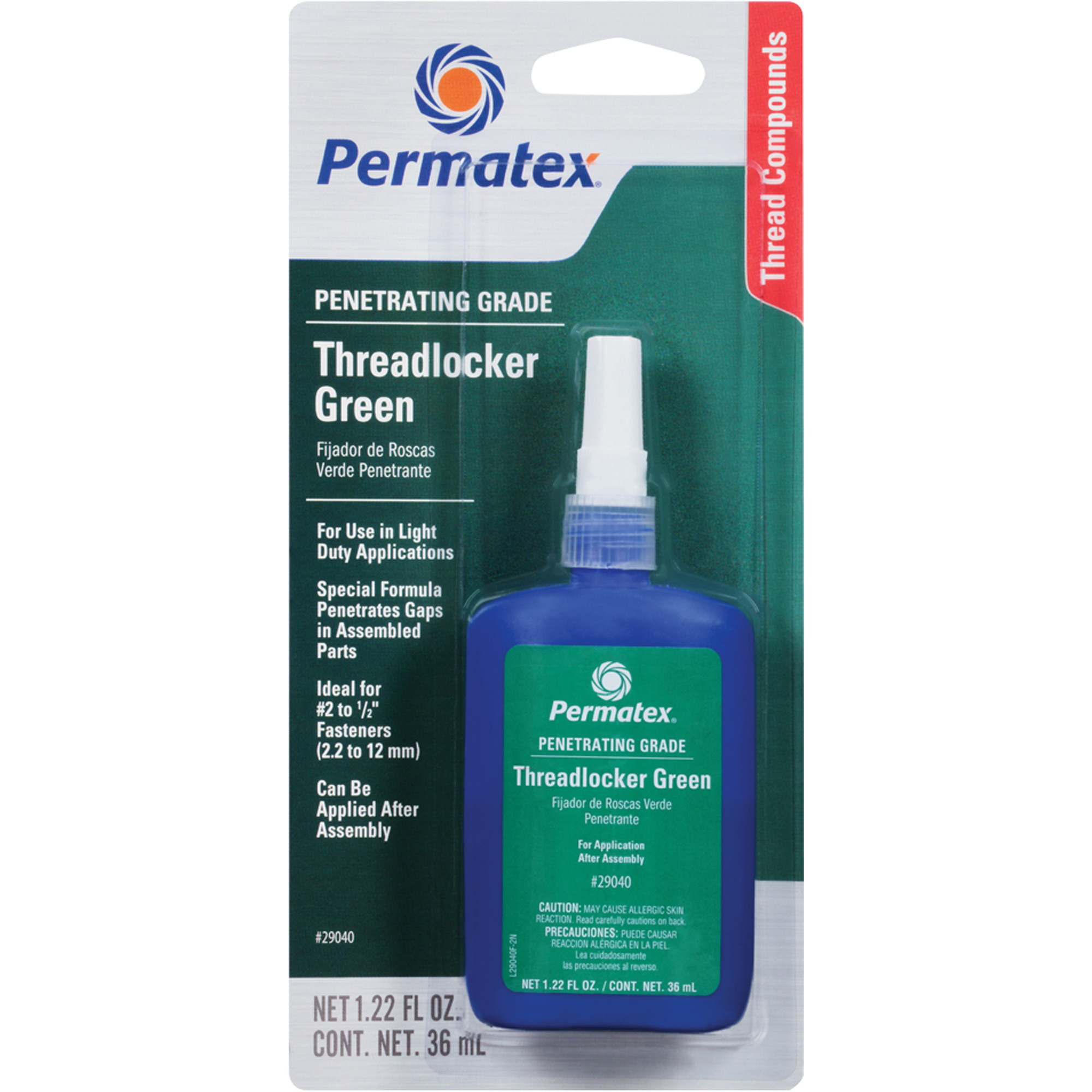 PERMATEX Grade Threadlocker, Green, Low, 36 ml, Bottle