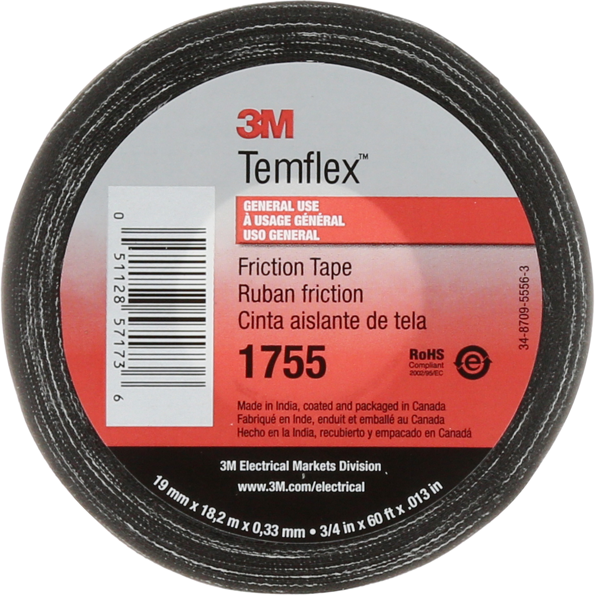 3M 1755-3/4X60 Ruban de chatterton Temflex 1755, 19 mm (3/4) x 18,28 m  (60'), Noir