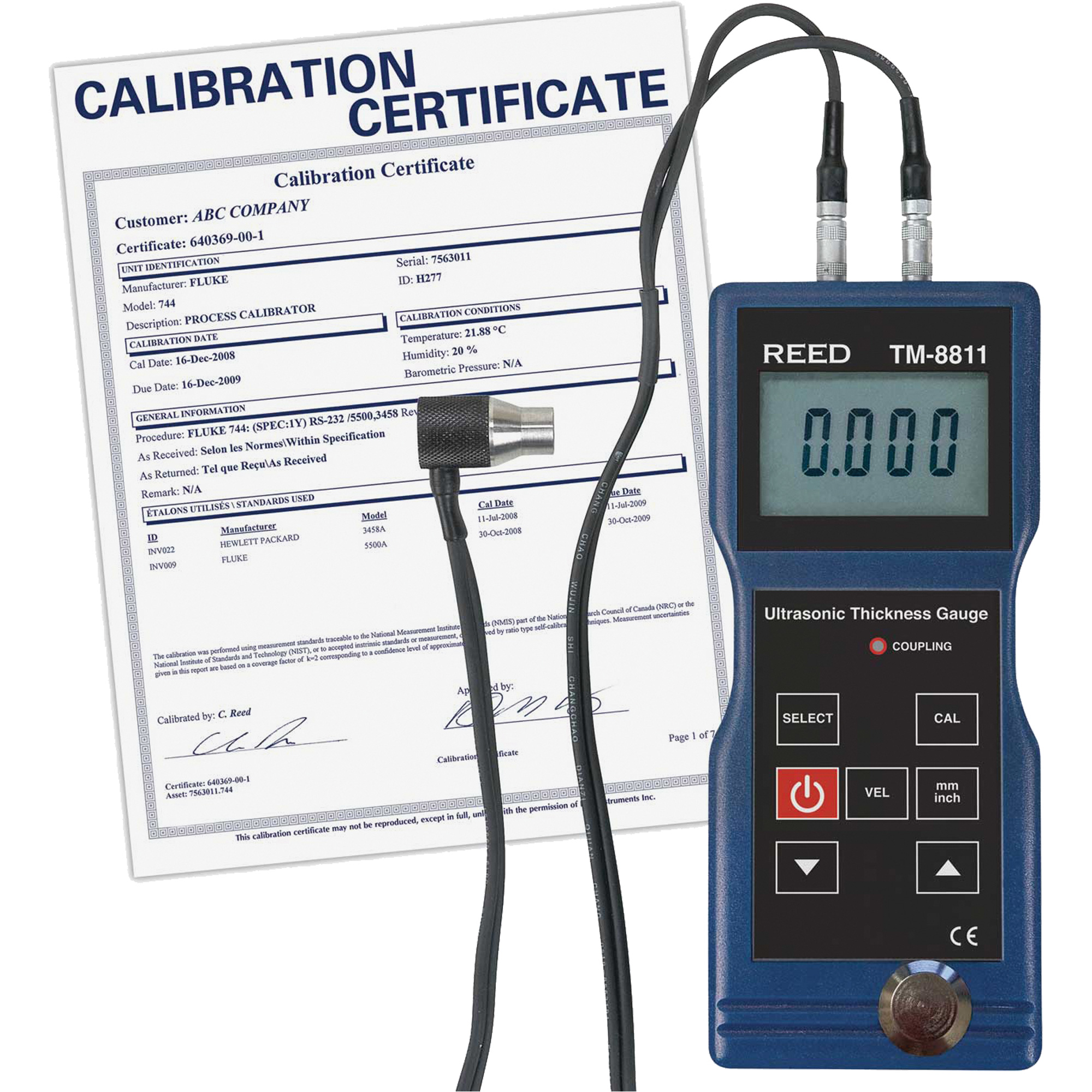 Reed Instruments TM8811NIST Thickness Gauge with ISO Certificate, Digital Display, Ultrasound