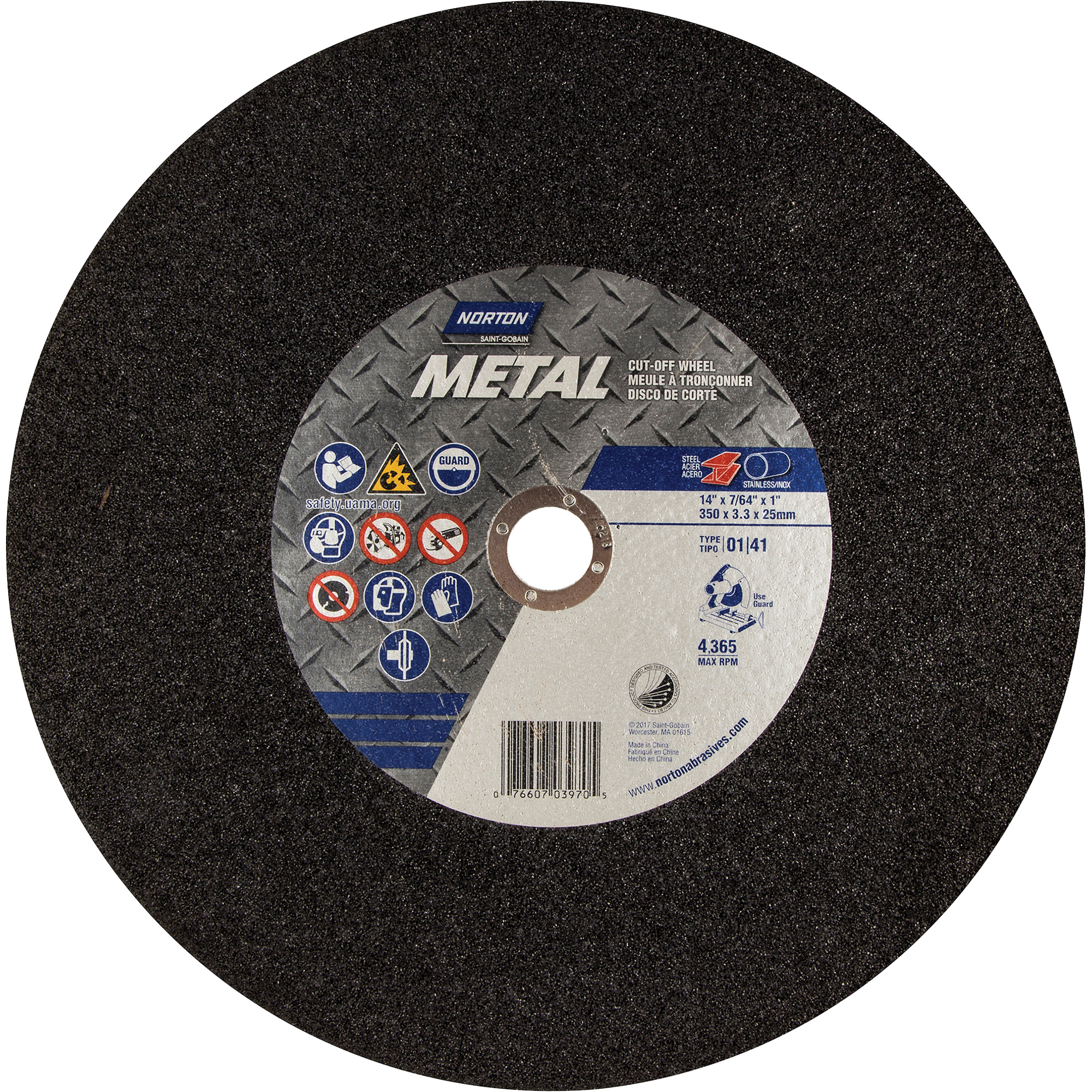 NORTON Metal A Chop Saw CutOff Wheel, 14" x 3/32", 1" Arbor, Type 01/
