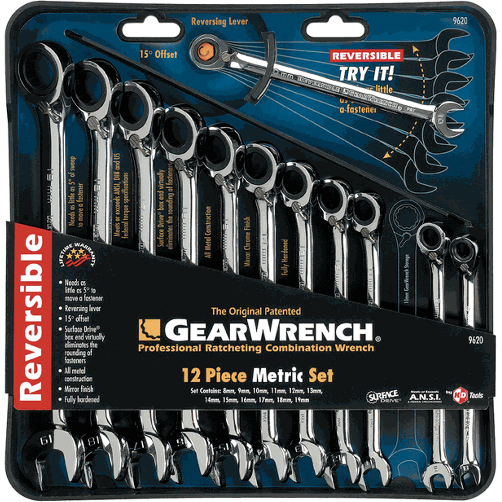 Gearwrench 9620N Reversible Wrench Set Combination 12 Pieces Metric