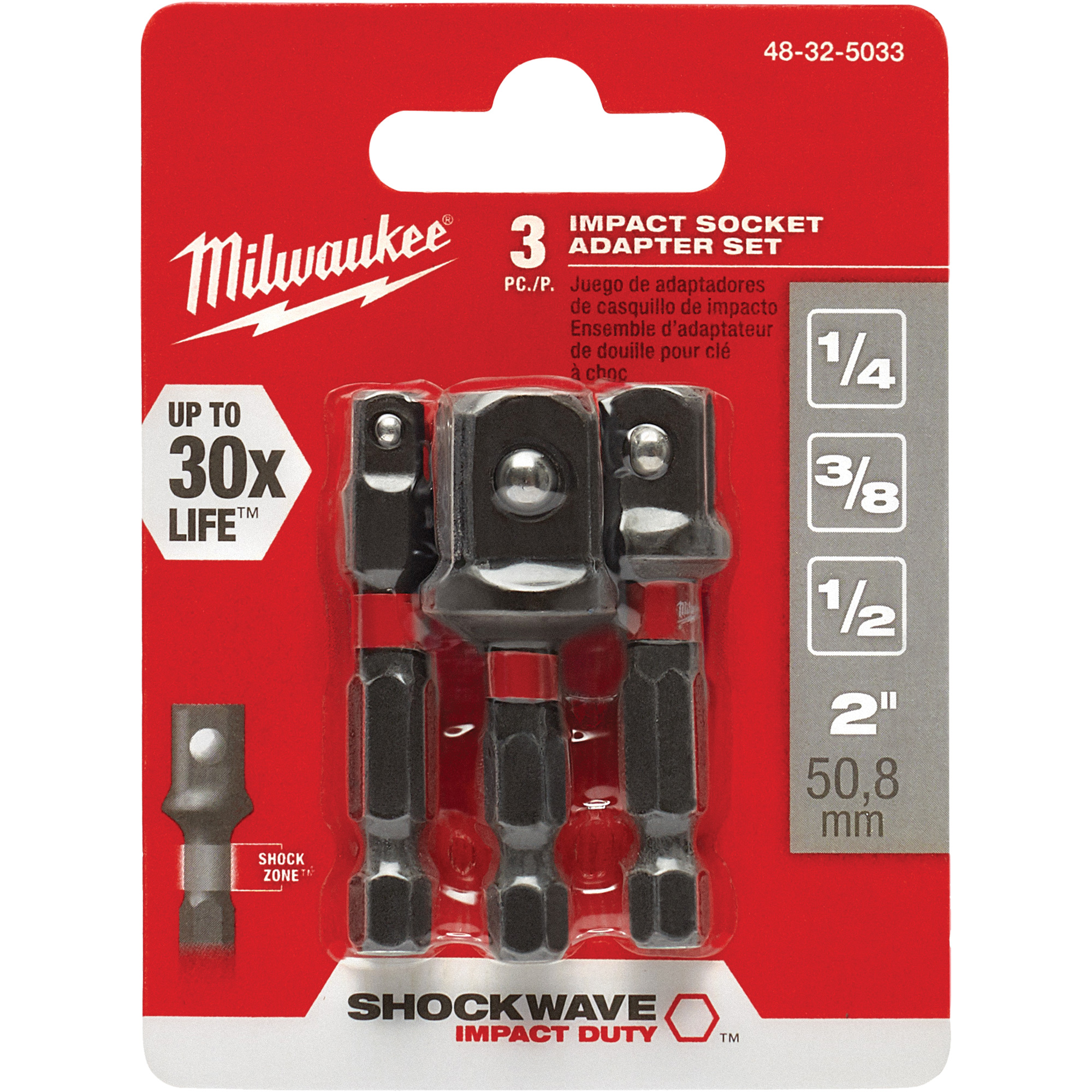 Milwaukee 48-32-5033 Jeu d'adaptateur de douilles à chocs Shockwave, 1/4  Prise, Sphérique, 1-7/8 lo