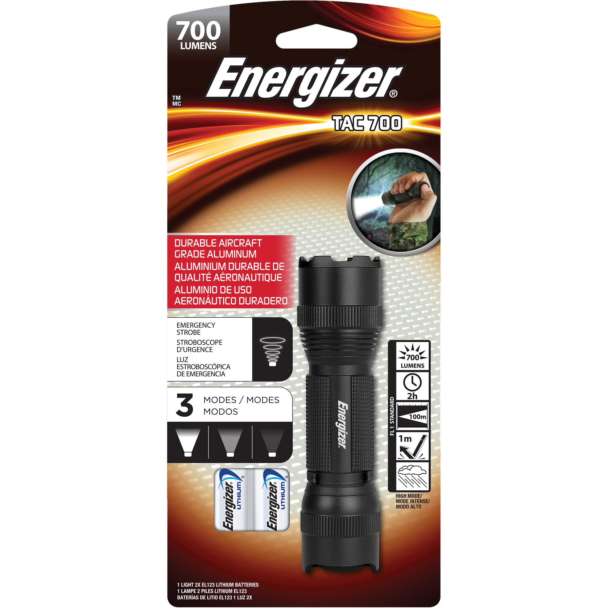 ENERGIZER TAC 700 Flashlight, LED, 700 Lumens, CR123 Batteries XH197