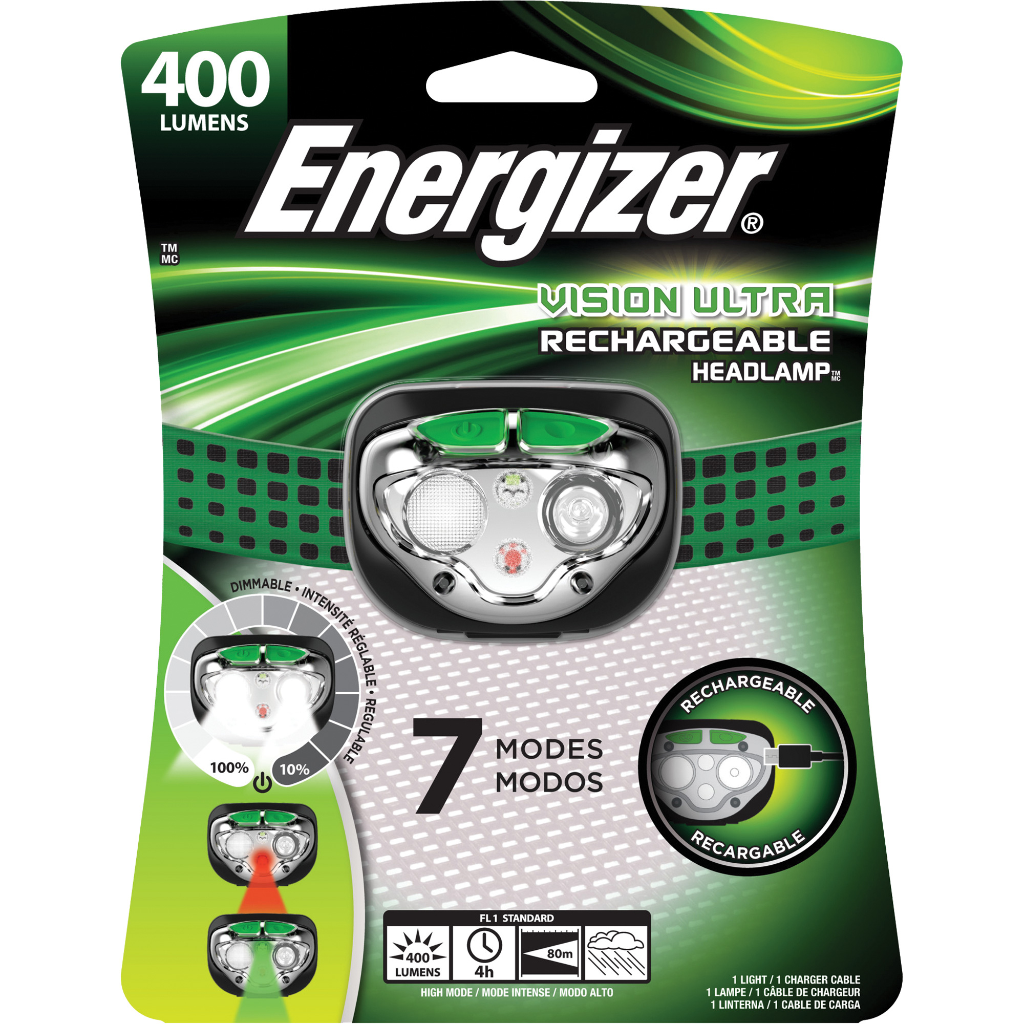 Energizer ENHDFRLP Vision Ultra Headlight, LED, 400 Lumens, 4 Hrs. Run  Time, Rechargeable Batteries