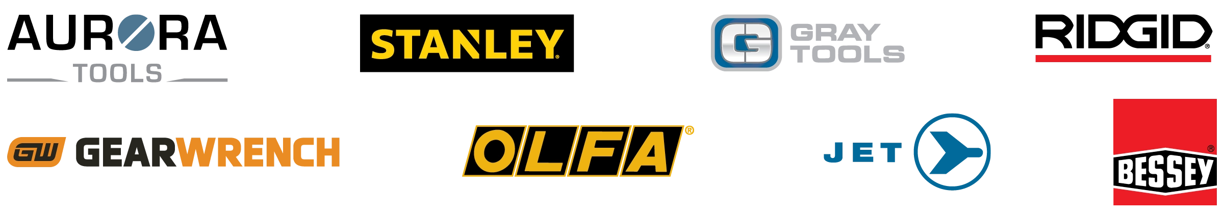 Aurora Tools, Stanley Tools, Gray Tools, Ridgid, Gearwrench, OLFA, JET, Bessey
